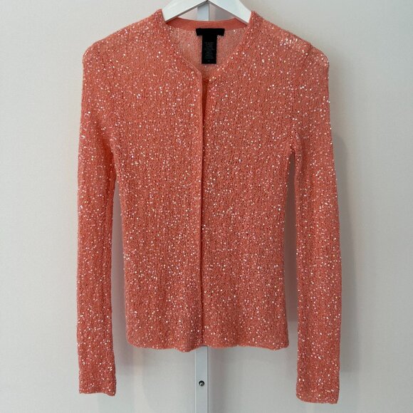 DONNA KARAN NEW YORK CORAL PINK CASHMERE SILK SEQUIN CARDIGAN SIZE XS - Picture 1 of 16